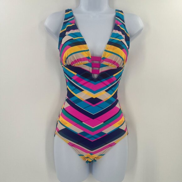 Figleaves Women Size 8L Colorful Geometric One Piece Swimsuit - Picture 1 of 12